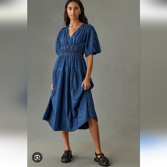 Pilcro Smocked Puff-Sleeve Denim Cotton Dress Size Small - Picture 1 of 12